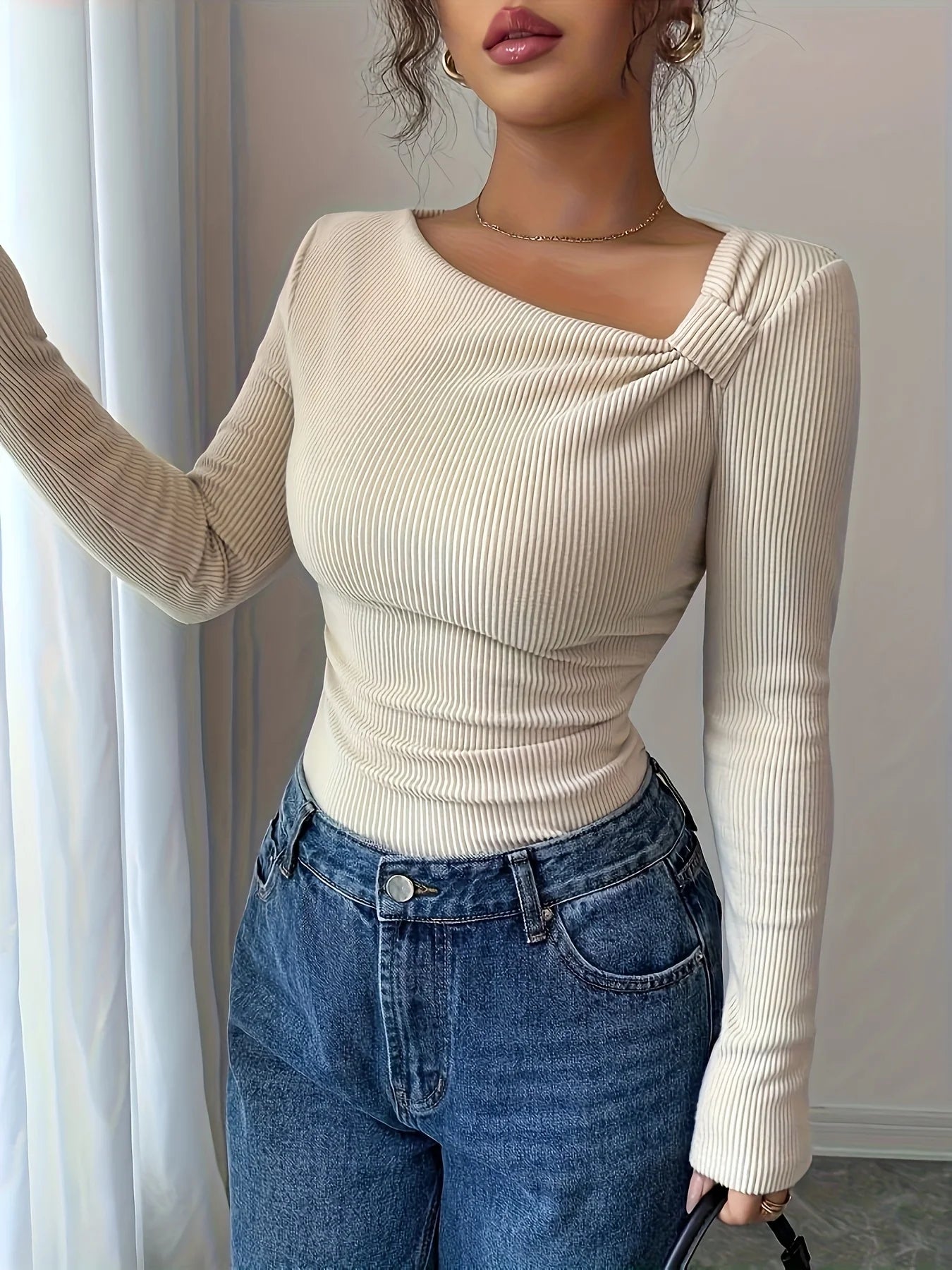 Elegant Women’s Autumn Winter Knitted T-Shirt – Solid Color Asymmetrical Neck Long Sleeve Slim Fit Top
