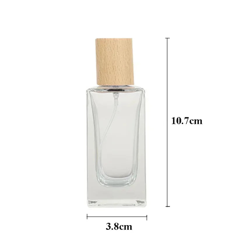 30ml / 50ml Refillable Perfume Bottle – Empty Glass Flat Square Spray Container | Portable Travel Cosmetic Bottle with Wooden Lid