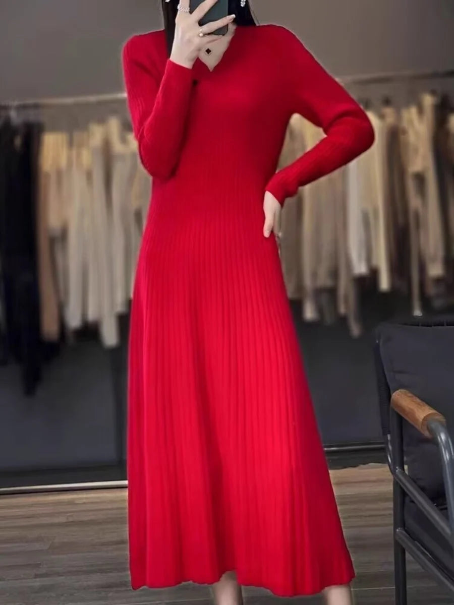 Women’s Mid-Length Knitted Camere Dress – Slimming Base Layer Over-Knee Wrap V-Neck A-Line Gown | Spring & Autumn New