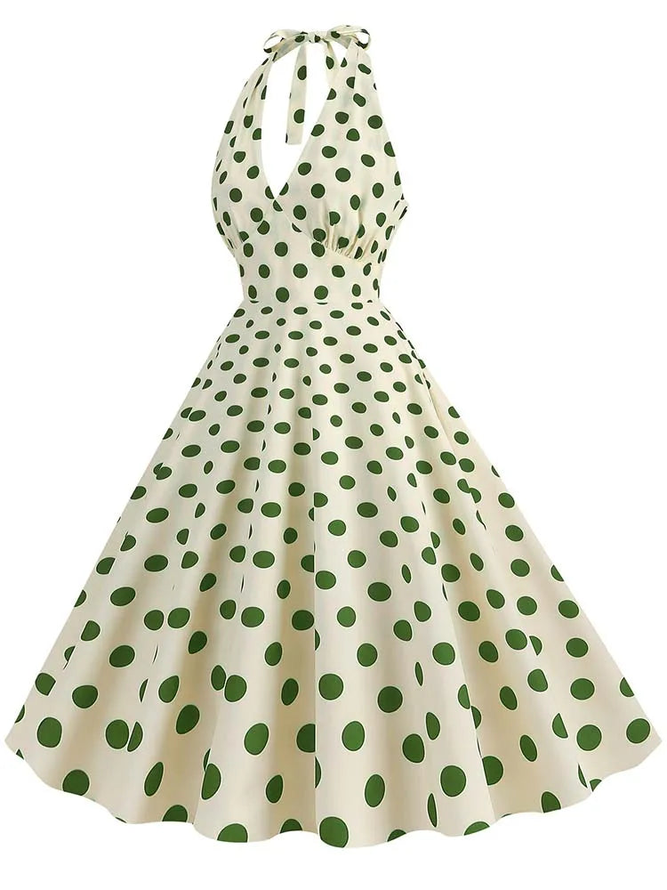 Women’s Vintage Halter Party Dress – Summer Polka Dot Midi Cocktail Prom Elegant Dress