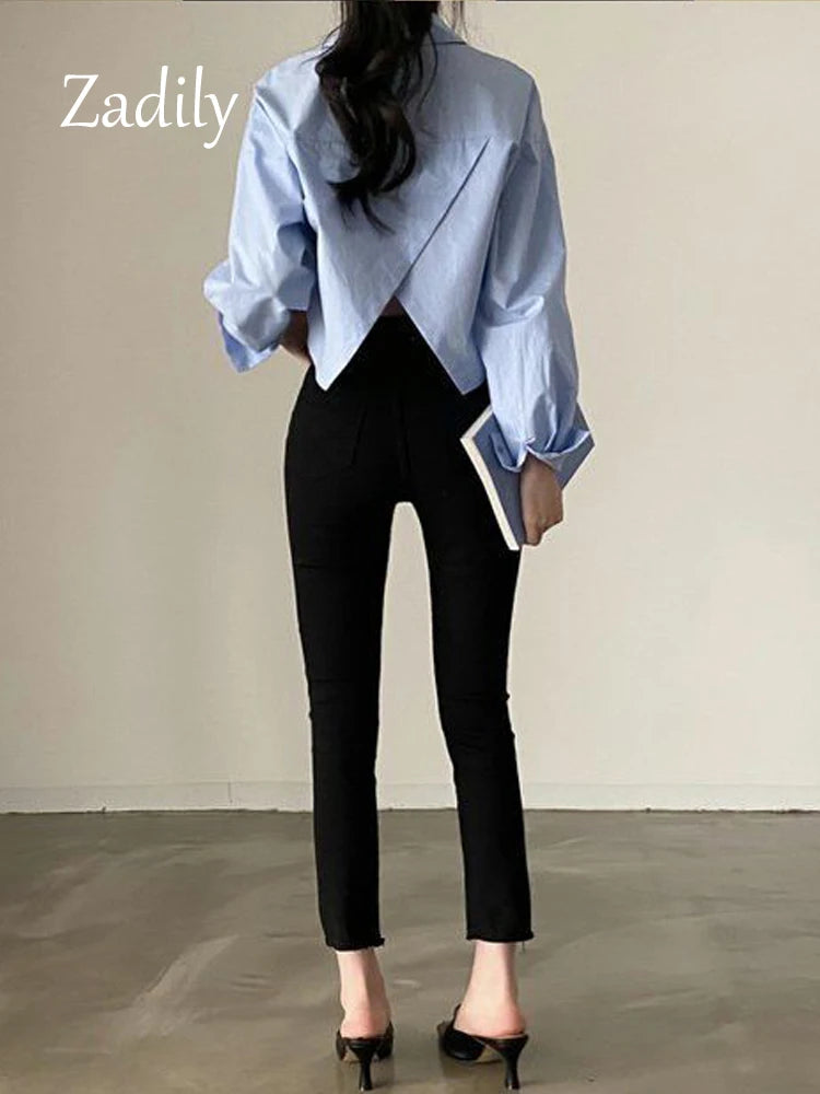 Zadily 2023 Women’s Spring White Crop Shirt – Korea Style Solid Button Split Blouse 👚✨