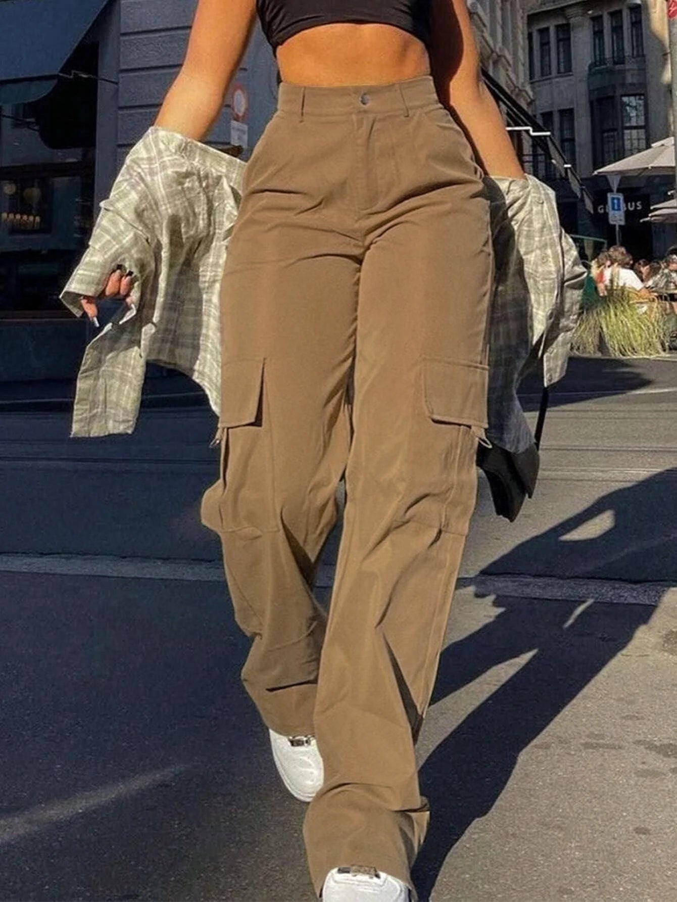 Women’s Plain High Waist Cargo Pants | Street Fashion Pocket Trousers | Casual All Season Bottoms