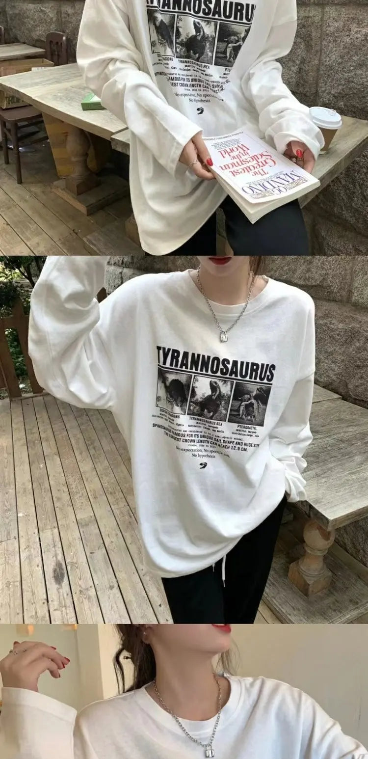 Retro Letter Print White Long Sleeve T-Shirt – Korean Style Base Layer Women’s Cotton Autumn Top