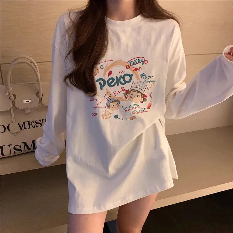 Women’s Long Sleeve Cotton T-Shirt | Fleece-Lined White Base Layer | Loose Fit Autumn Inner Wear