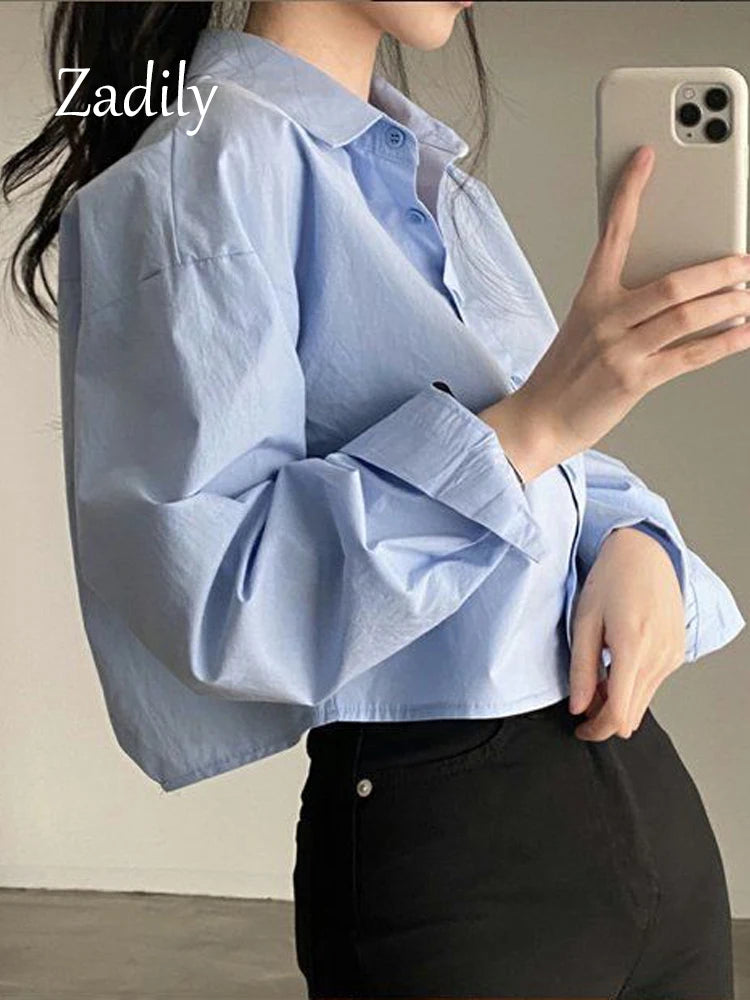 Zadily 2023 Women’s Spring White Crop Shirt – Korea Style Solid Button Split Blouse 👚✨