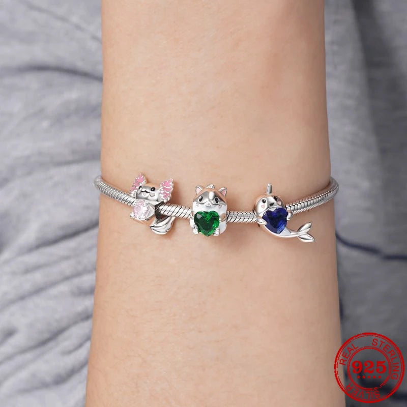 New 925 Sterling Silver Pink Zircon Salamander & Turkey Charm Bead – Fits Original Pandora Bracelet, Women’s DIY Fine Jewelry