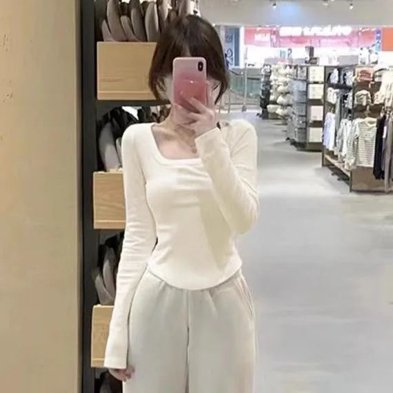 Women's Fleece-Lined Long Sleeve T-Shirt ❄️ Sweet Slim Fit U-Neck Top 👚 Autumn Winter Warm Fashion