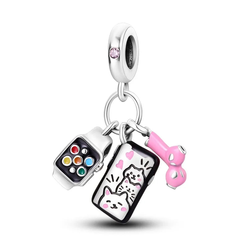 925 Sterling Silver Funny Playable Charms Beads | Smart Watch Tarot Bike Travel Dangle Fit Pandora Bracelet DIY Jewelry