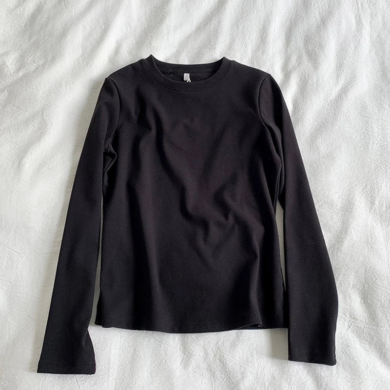 Women's Thermal Long Sleeve T-Shirt | Fleece-Lined Round Neck Top | Autumn Winter Fashionable Inner Wear