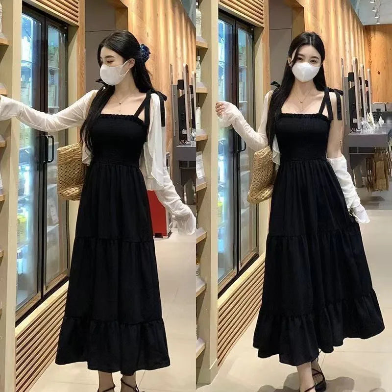 Plus Size Women's Summer Dress Set 🌞 Strap Dress & Skirt Set 👗 Sun Protection Hepburn Style Soft Polyester 🖤