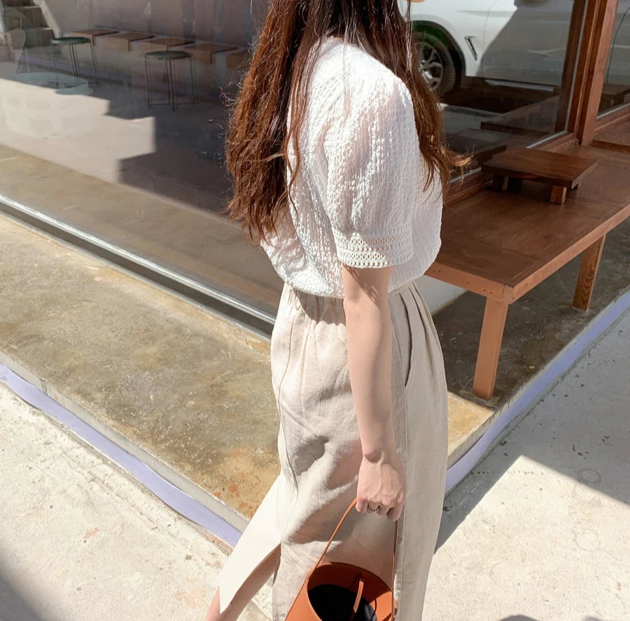 Elegant White Lace Hollow Out Blouse | Fairy-Style Bubble Sleeve Summer Top for Women