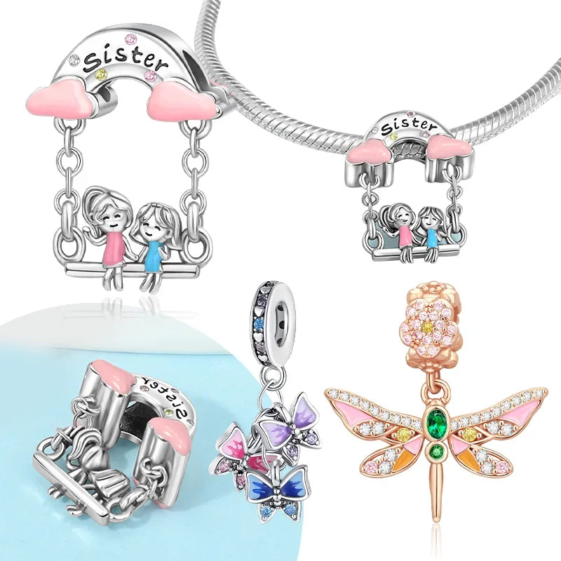 925 Sterling Silver Forever Sister Butterfly Charm | Colorful Bead Fit Pandora Bracelet | Women’s Jewelry Gift