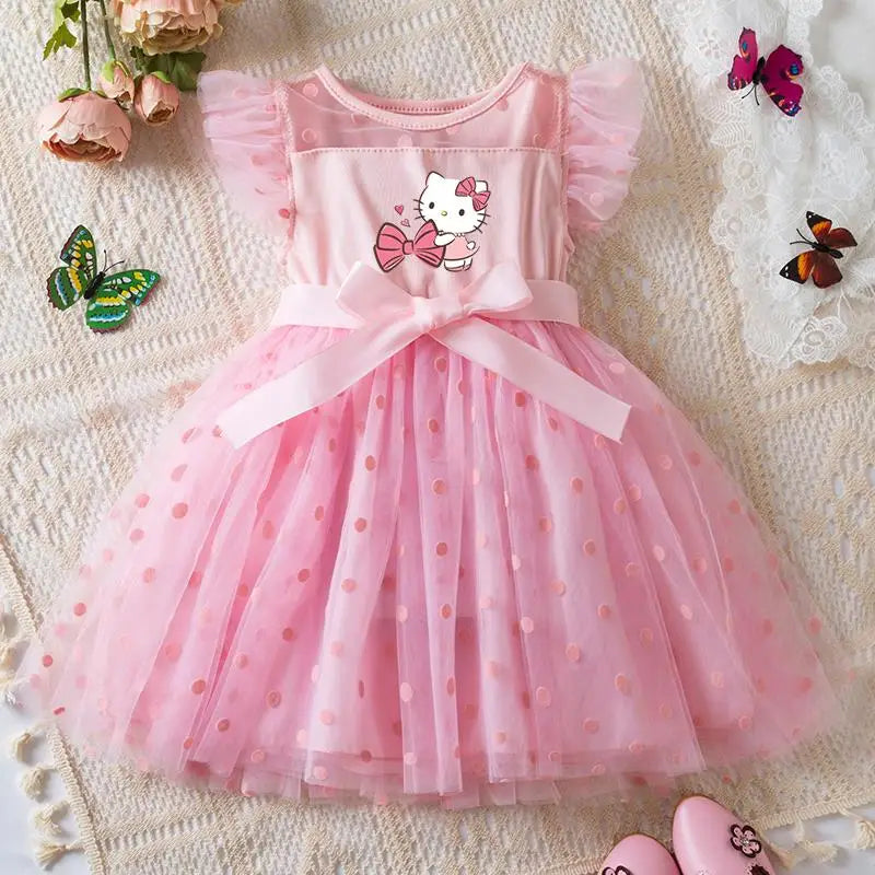 Hello Kitty Summer Kids Girls  Ruffles Sleeves Elegant Princess Mesh Dresses Girls Birthday Party Casual Sweet Dresses 2-6Y