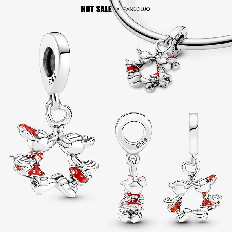 925 Silver Disney Christmas Charm Trio | Mickey Wreath Minnie Ice Skating Bead Pendant Fits Pandora Bracelet
