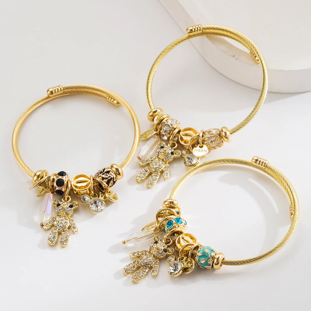 Gold 🐻 Stainless Steel Bracelet | Personalized Bear Pendant for Women