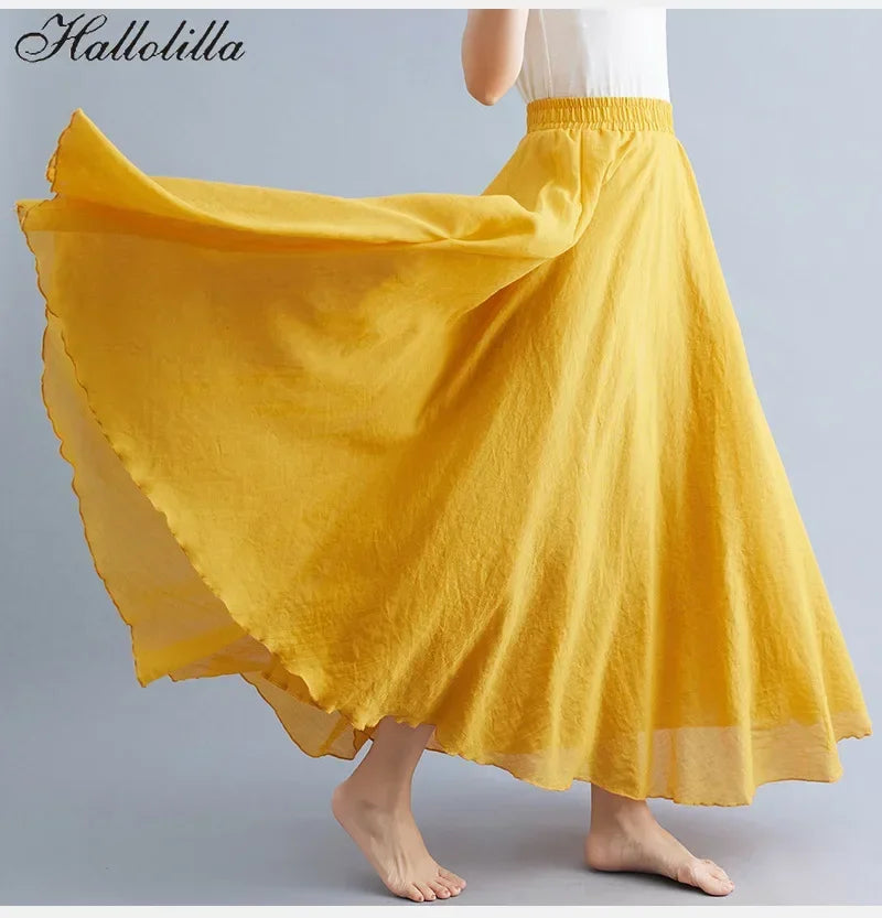 Fashion Solid Cotton Linen Women Maxi Skirt – Elegant Harajuku Casual Loose Long Skirt 👗✨