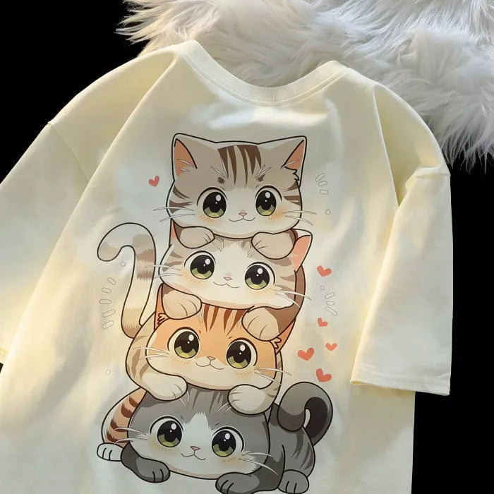 Cute Cartoon Cat Print Women’s T-Shirt – Round Neck Short Sleeve Casual Summer Tee 😻👕