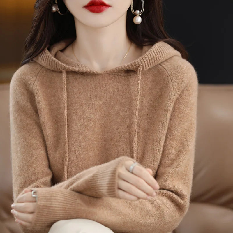Women Pullover Sweater Hooded Jumper – Korean Loose Fit Solid Long Sleeve Thick Warm Knitted Sweater Autumn Winter