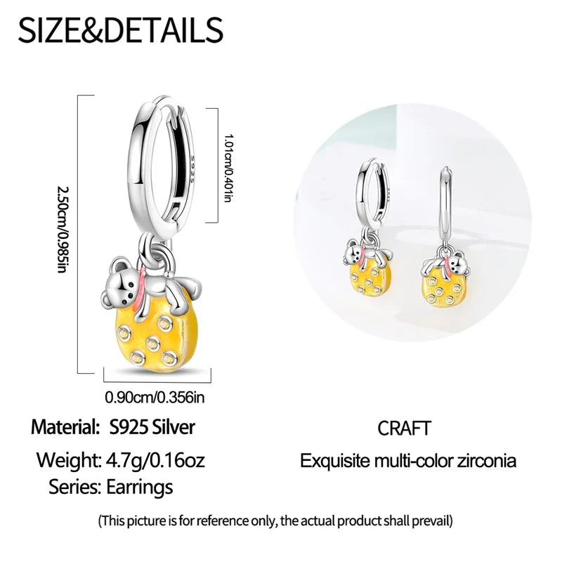 Original 925 Sterling Silver Fruit Series Earrings | Cherry & Strawberry Zircon Hoop Studs for Women Girls Party Jewelry