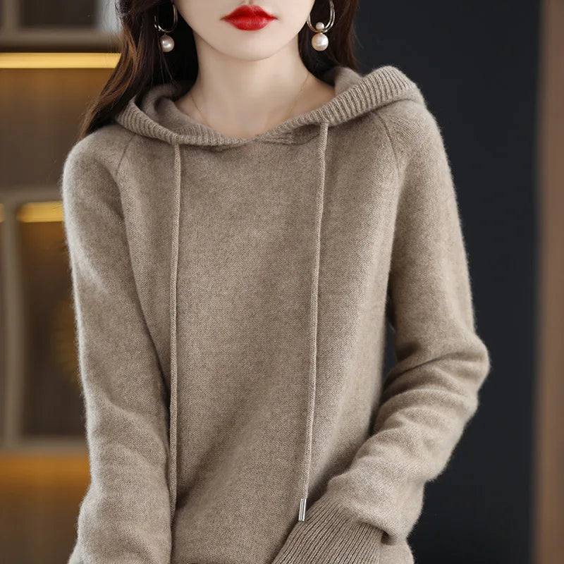 Women Pullover Sweater Hooded Jumper – Korean Loose Fit Solid Long Sleeve Thick Warm Knitted Sweater Autumn Winter