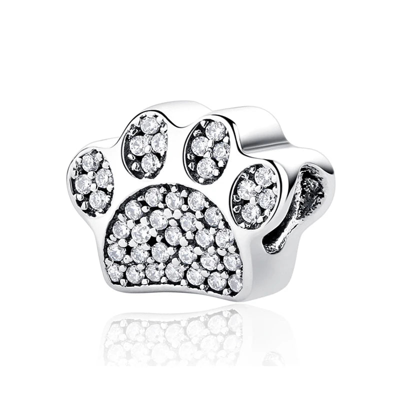 Original Sterling Silver Pet Paw Charm | Love Dog Cat Print Beads for Pandora Bracelets & DIY Jewelry