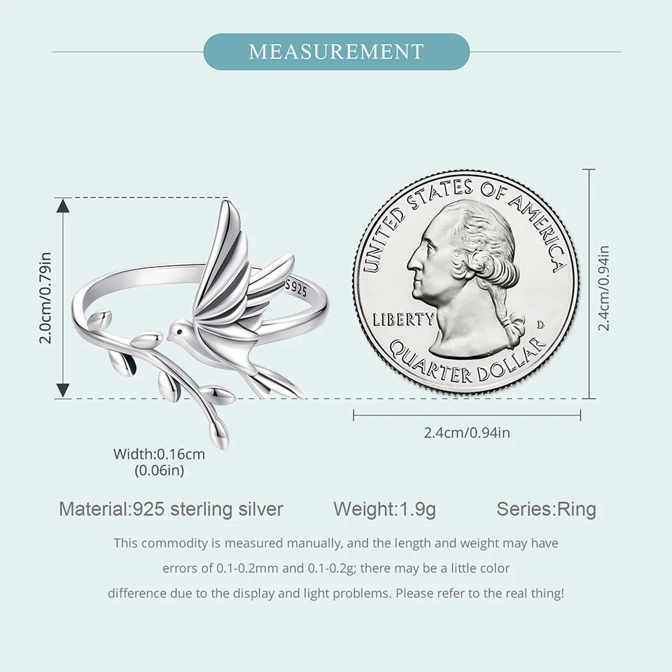 BISAER 925 Sterling Silver Floral Bird Open Ring | Adjustable White Gold Plated Flower Band for Women – Fine Party Jewelry