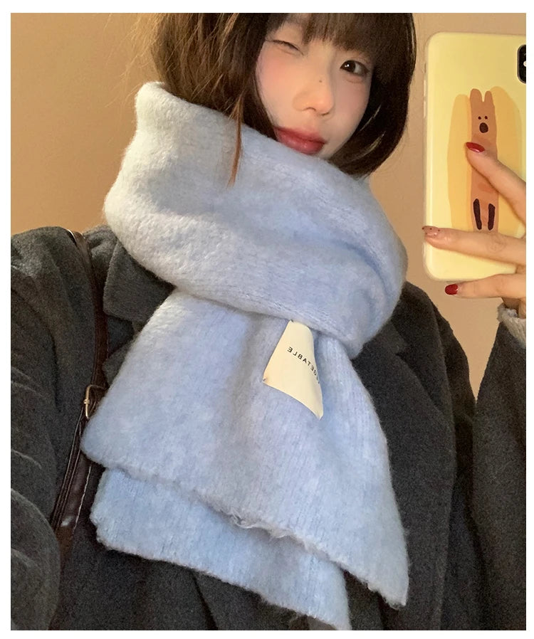 Warm Wool Blend Blue Knitted Scarf – Women’s Korean Style Winter Neck Warmer | Long Rectangle Color Scarf