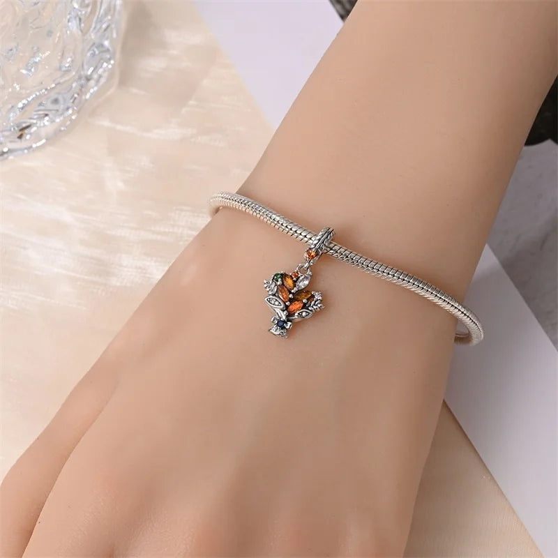 925 Sterling Silver Squirrel & Maple Leaf Charm | Shiny Zircon Autumn Beads Fit Pandora Bracelet DIY Jewelry