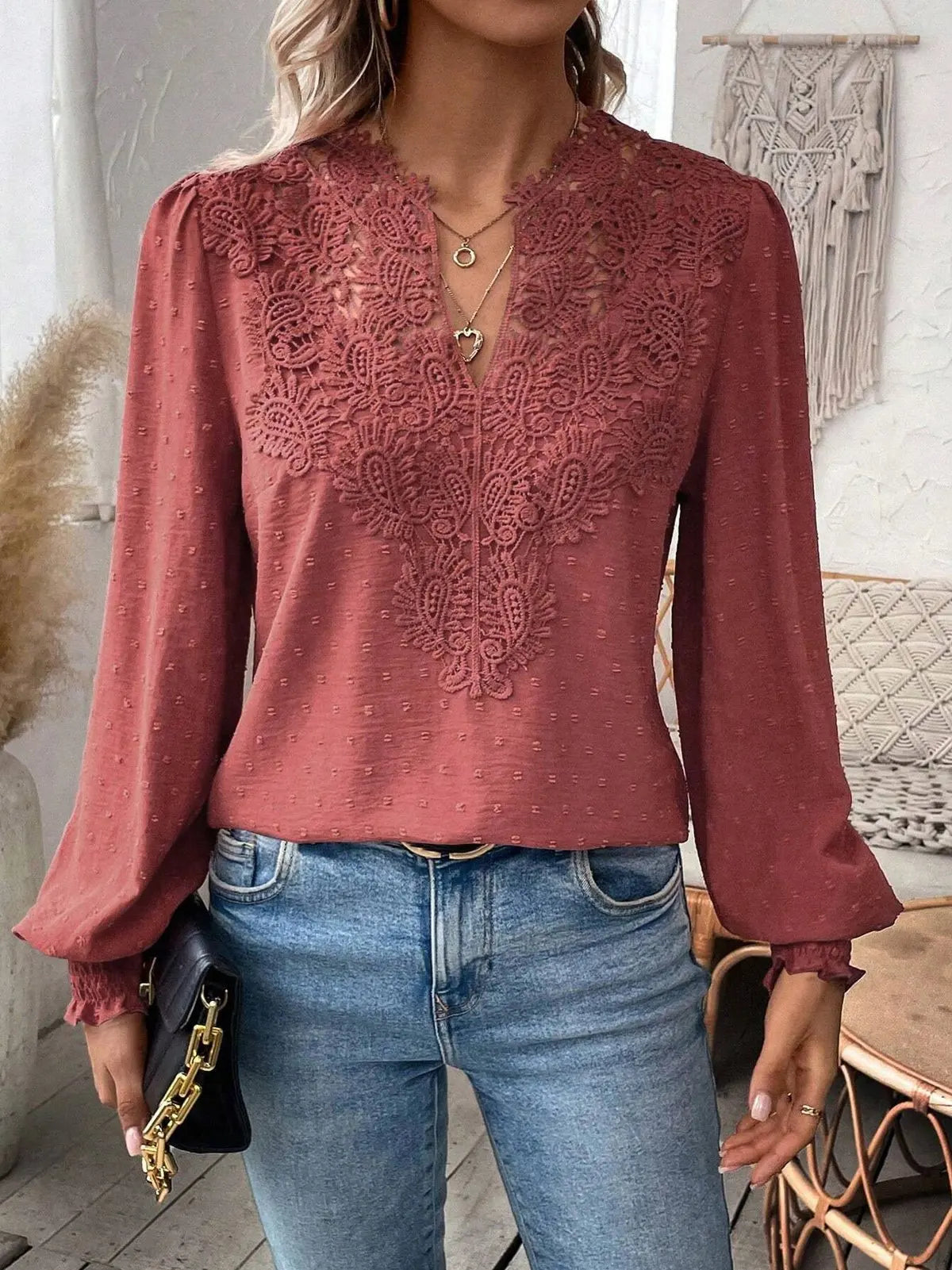 Women’s Long Sleeve Sweater – Fall 2024 Trendy Sexy Lace V-Neck Puff Sleeve Pullover Cute Tops 🍂✨