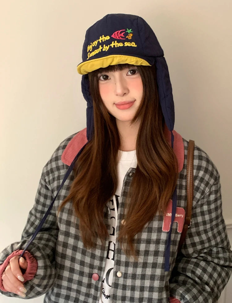 Korean Cute Alphabet Embroidery Thickened Lei Feng Hat Women's Winter Outdoor Cycling Warm Ear Hat Ski Hat
