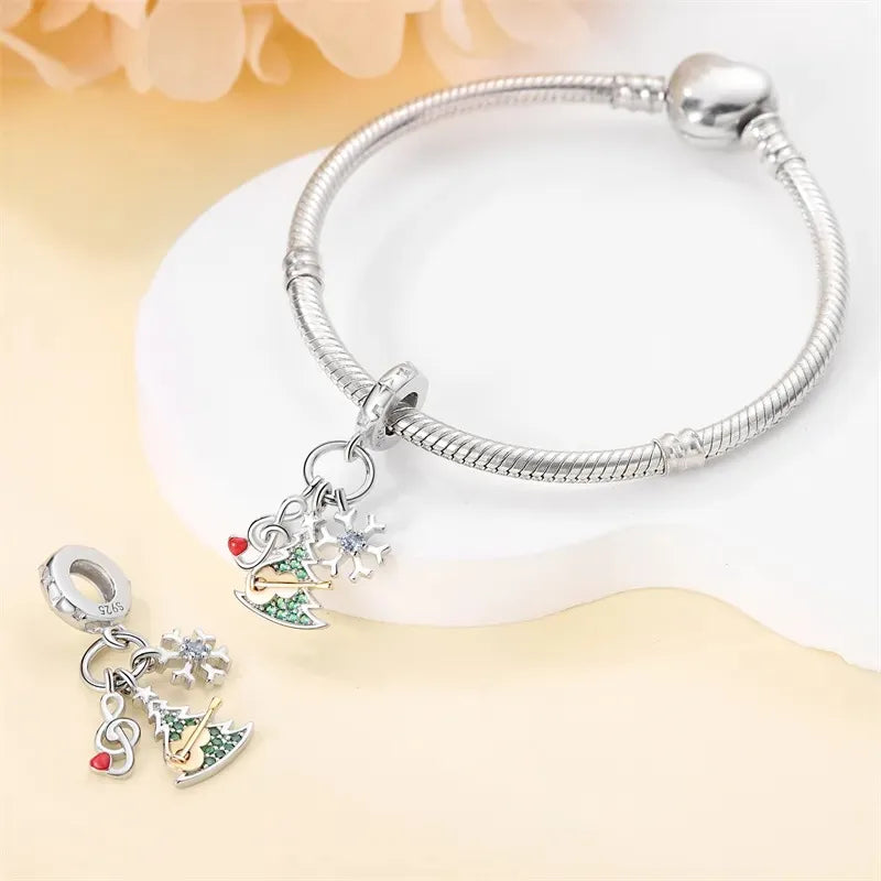 925 Silver Disney Christmas Charm Trio | Mickey Wreath Minnie Ice Skating Bead Pendant Fits Pandora Bracelet