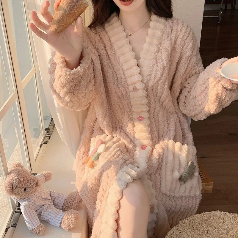 🌈 Rainbow Coral Fleece Robe for Women 🧣 | Soft & Warm Autumn Winter Home Clothes 🏡 | Cozy Sweet Open Cardigan 👗