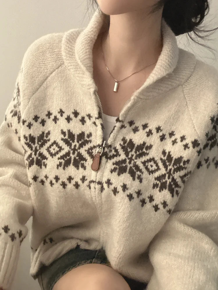 📚 College Style Knitted Sweater Coat for Women 🍂 Double Zipper Loose Fit | Autumn New Arrival Lazy Turn-Down Collar Top 🧥