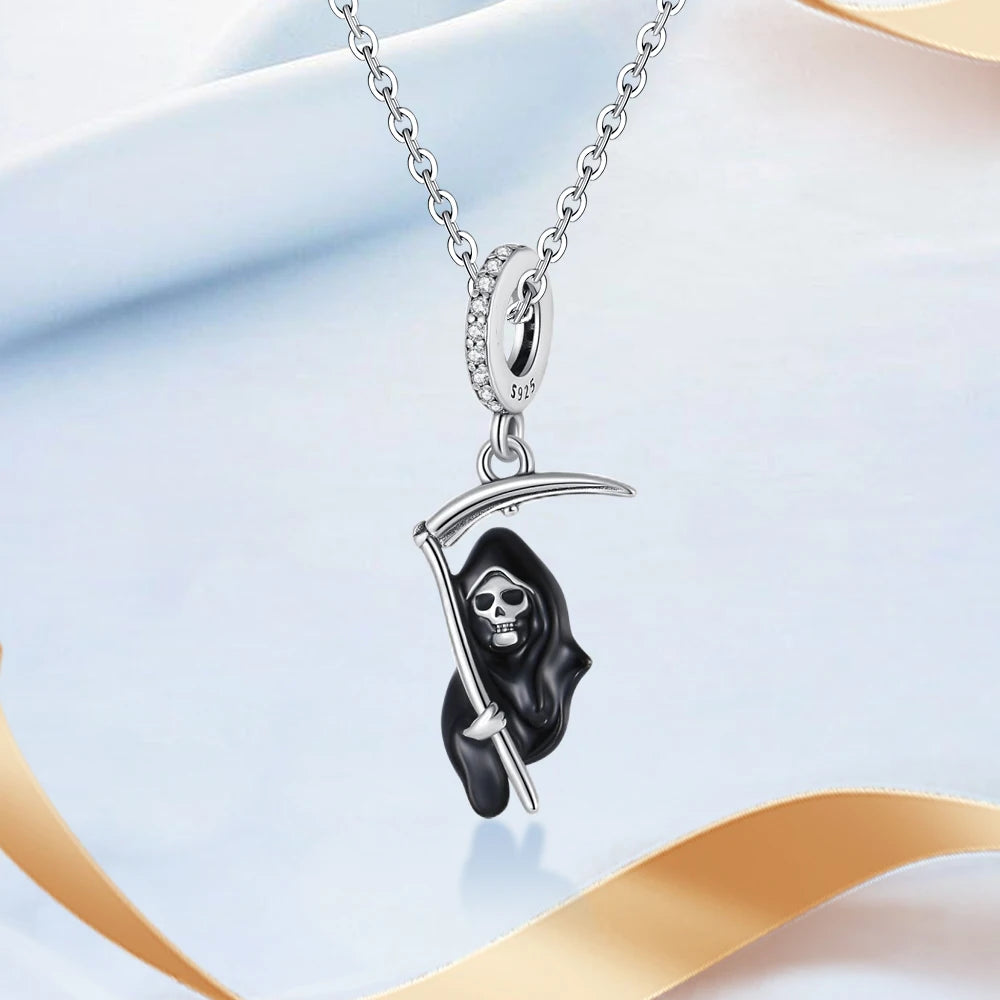 Gothic 925 Sterling Silver Grim Reaper Skull Charm Bead Fit Pandora Bracelet