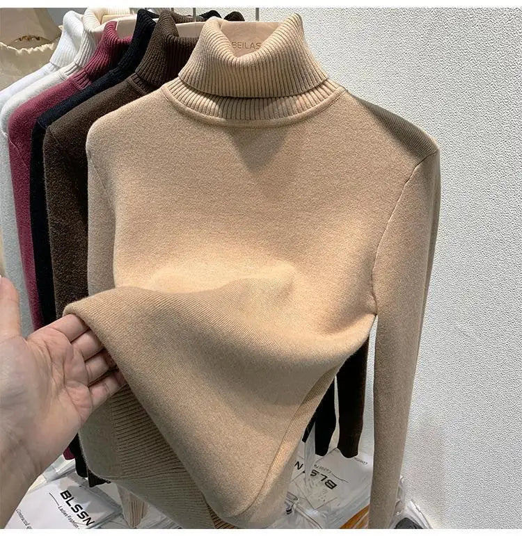 2025 Women’s High Collar Pullover Sweater – Thick Warm Soft Winter Top | Solid Color Bottoming Shirt