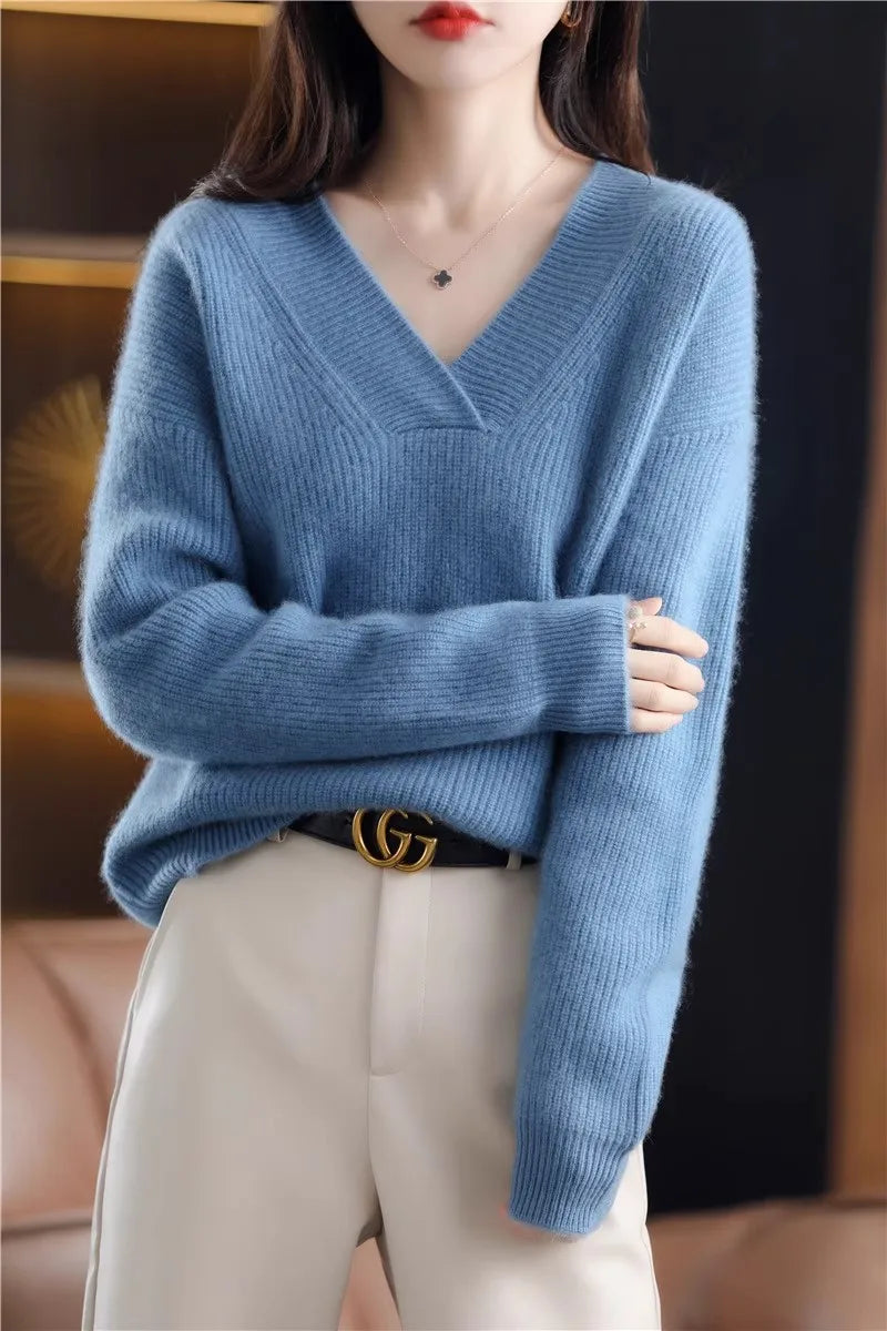 Autumn Winter Women’s V-Neck Knit Sweater – Solid Loose Pullover Soft Warm Casual Top
