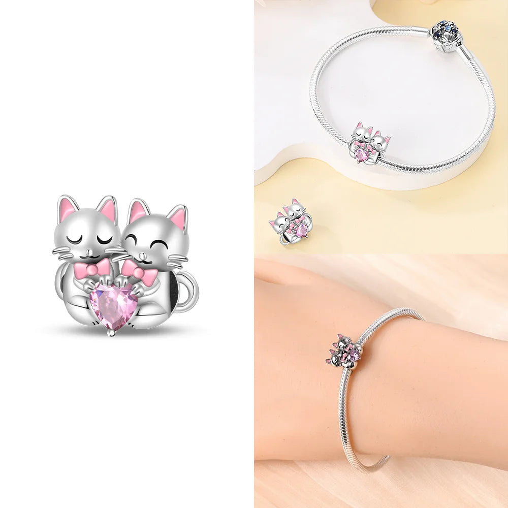 Original 925 Sterling Silver Pink Zircon Cat Dog Squirrel Red Heart Bead | Fit Bracelet Women DIY Jewelry Gift