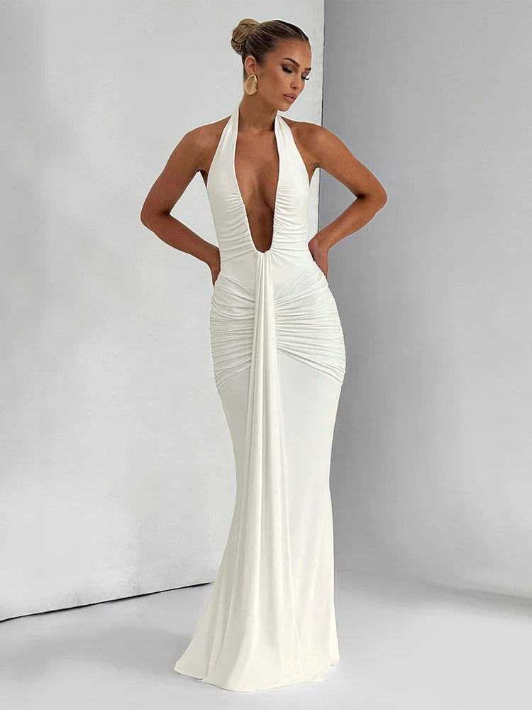 Weird Puss Backless Tassel Dress for Women – Peach Buttock Pleated Halter Sleeveless Party Vestido | Midnight Clubwear
