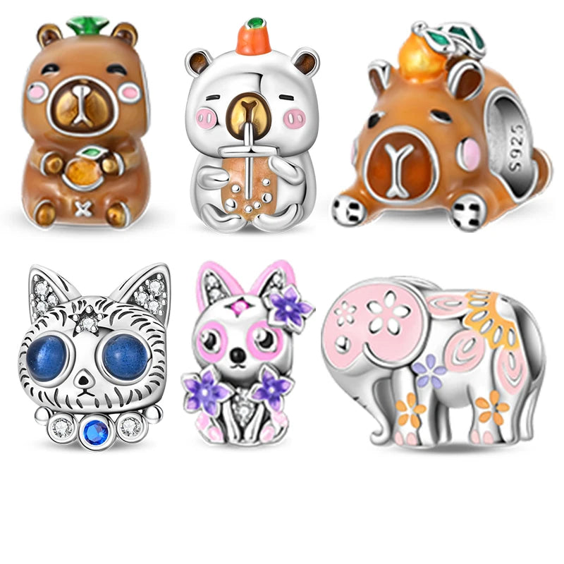 New Original 925 Sterling Silver Animal Charms | Cute Capybara, Elephant & Cat Beads for Bracelets DIY Jewelry