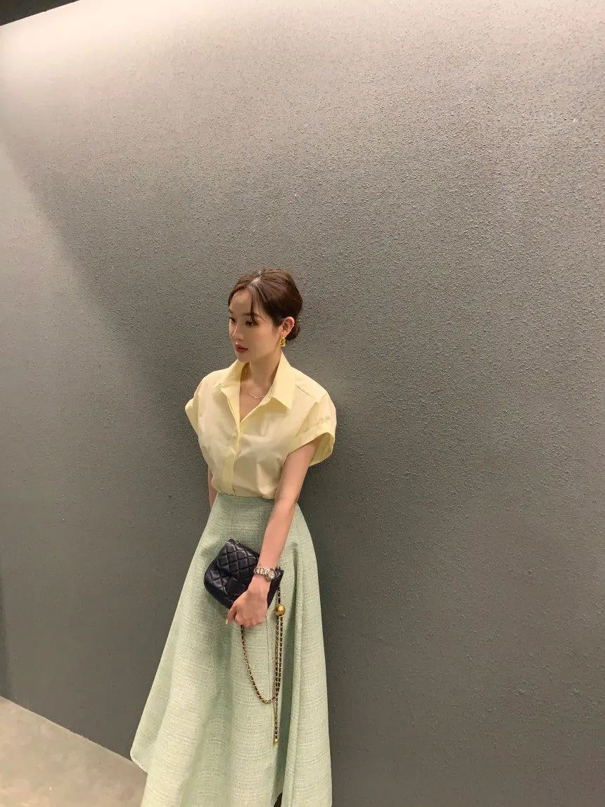 Chic Summer Loose Women’s Shirt | Classic Pure Color Professional Blouse with Small Lapel Collar