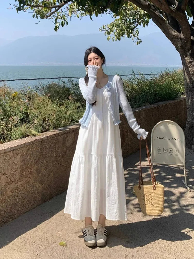 Summer 2025 Women’s Pure Cotton White Strap Dress with Long Sleeve Ice Silk Knitted Sun Protection Cardigan Set – Elegant Fashion