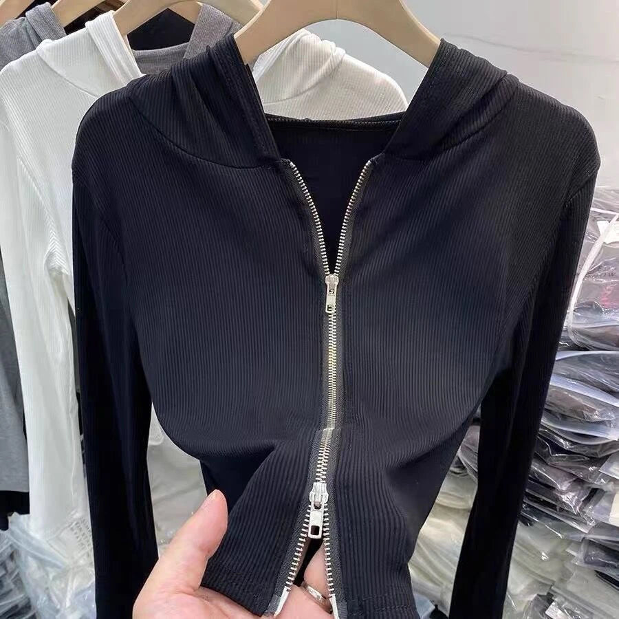 ✨ Design Sensation Women’s Short Knitted Hat & Double Zipper Cardigan 🧶 Pure Color Korean Style Long Sleeve Spring Autumn Fashion