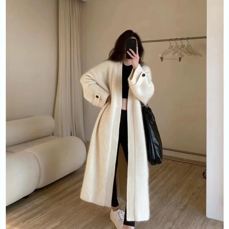 Women’s Retro Long Knitted Cardigan | Loose Solid Color Sweater Jacket for Autumn & Winter Fashion