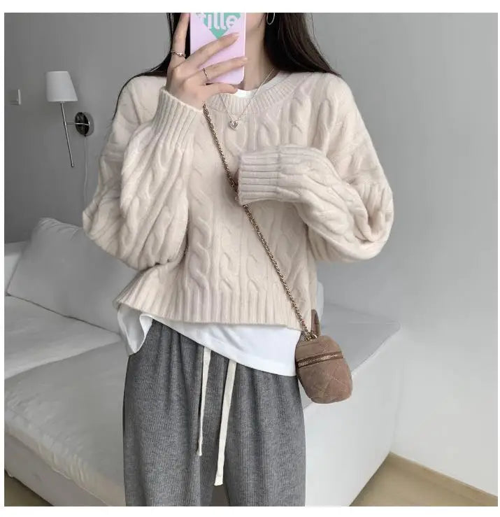 Soft ort Knitted Sweater Women's Top Lazy Sle Inner Wear Autumn Winter New Arrival Twist Cotton Long Sve round Ne Sw...