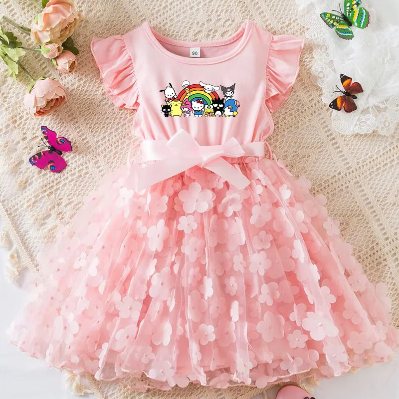 Hello Kitty Girls Tulle Flower Princess Dress | Wedding & Party Tutu Dress | Sleeveless Birthday Gift Outfit