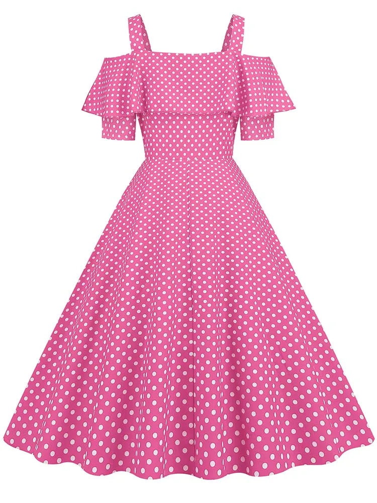 Off-Shoulder Elegant Vintage Party Dress – Women’s Summer Polka Dot Ruffles A-Line Midi Dress