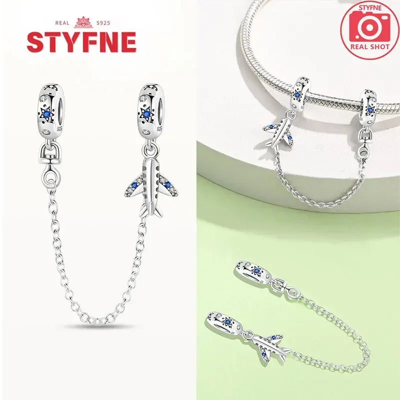 S925 Silver Cute Cat Heart Bead Safety Chain Fit Original Bracelet