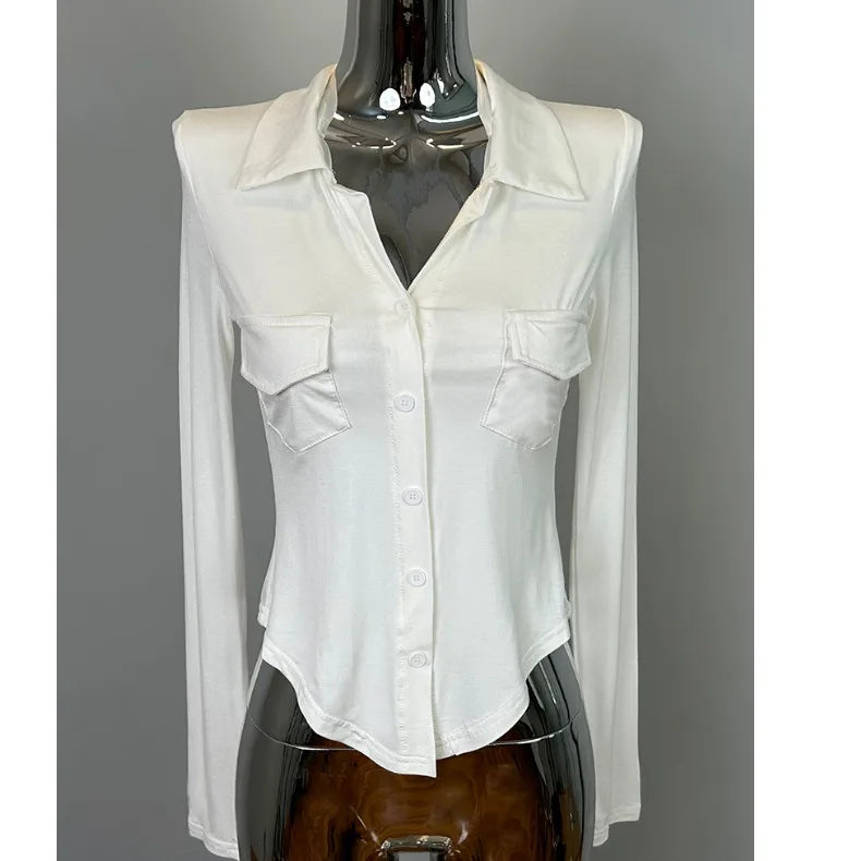 Sexy Button-Up Slim Fit Blouse – Women’s Early Autumn Korean Style Double Pocket Swing Top