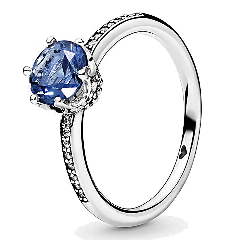 Silver Blue Sparkling Crown Ring with Crystal | Women’s Wedding & Party Pandora Style Jewelry