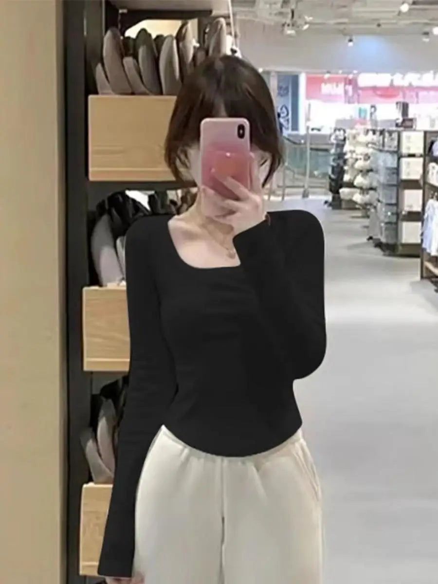 Women's Fleece-Lined Long Sleeve T-Shirt ❄️ Sweet Slim Fit U-Neck Top 👚 Autumn Winter Warm Fashion